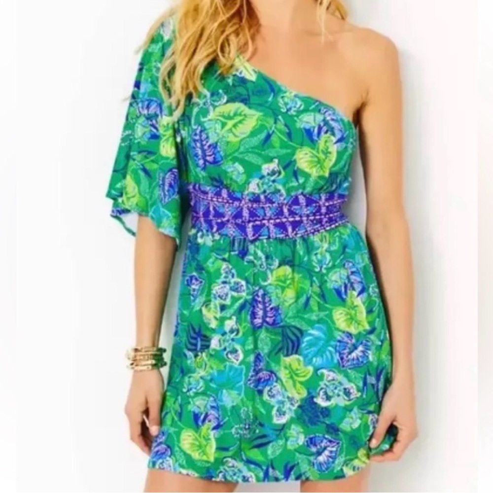 NWT Lilly Pulitzer Blue Green Floral Nikki One-Shoulder Romper Dress